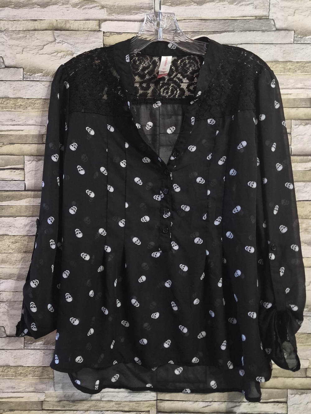 ​No Boundaries Skull Blouse Women M Black Goth Emo Alt Grunge Lace Sheer Chiffon